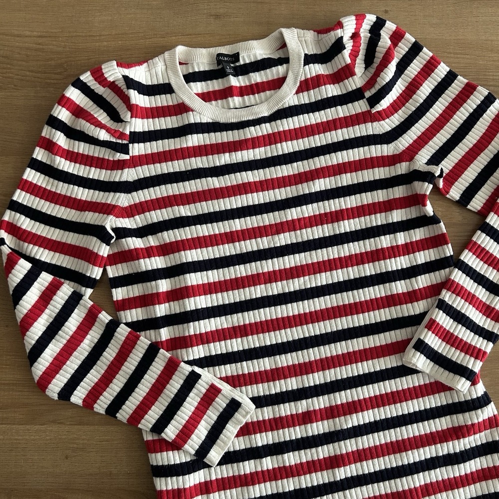 Talbots Womens Red Navy White Striped Ribbed Knit Puff Sleeve Sweater Small